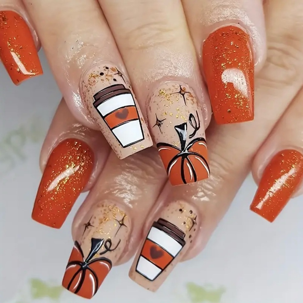 24 pcs Festive Pumpkin and Coffee Pumpkin Spice Latte PSL Glitter Press-on Nails